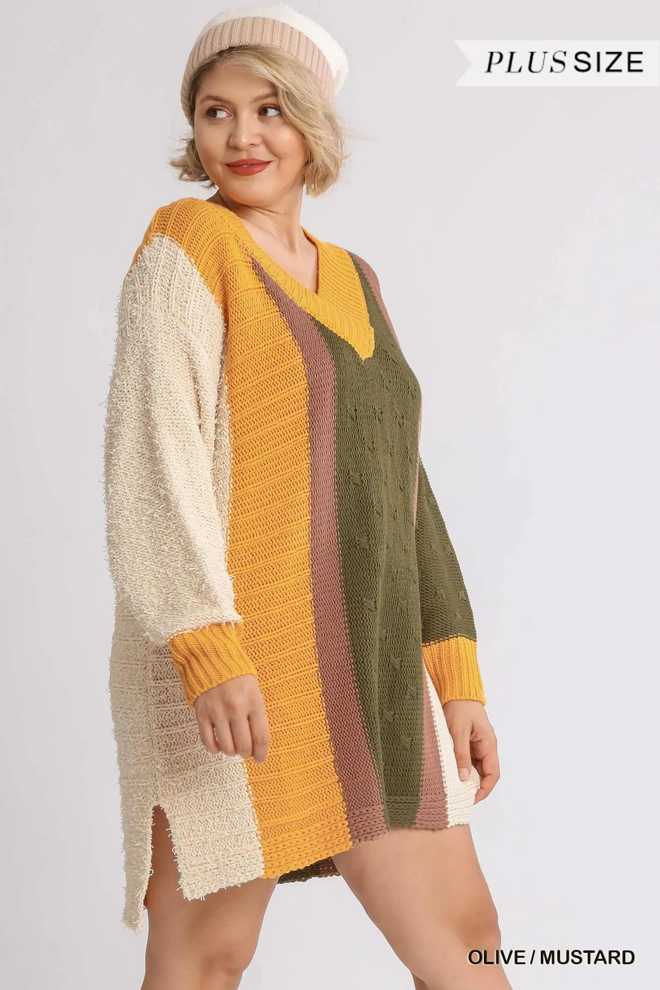 Multicolor Bouclé V-neck Pullover Sweater Dress With Side Slit