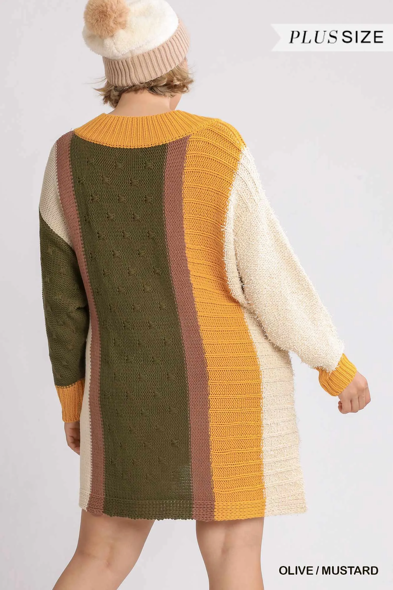 Multicolor Bouclé V-neck Pullover Sweater Dress With Side Slit