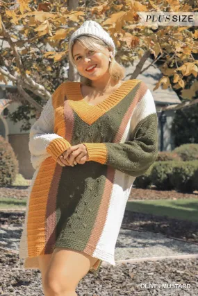 Multicolor Bouclé V-neck Pullover Sweater Dress With Side Slit
