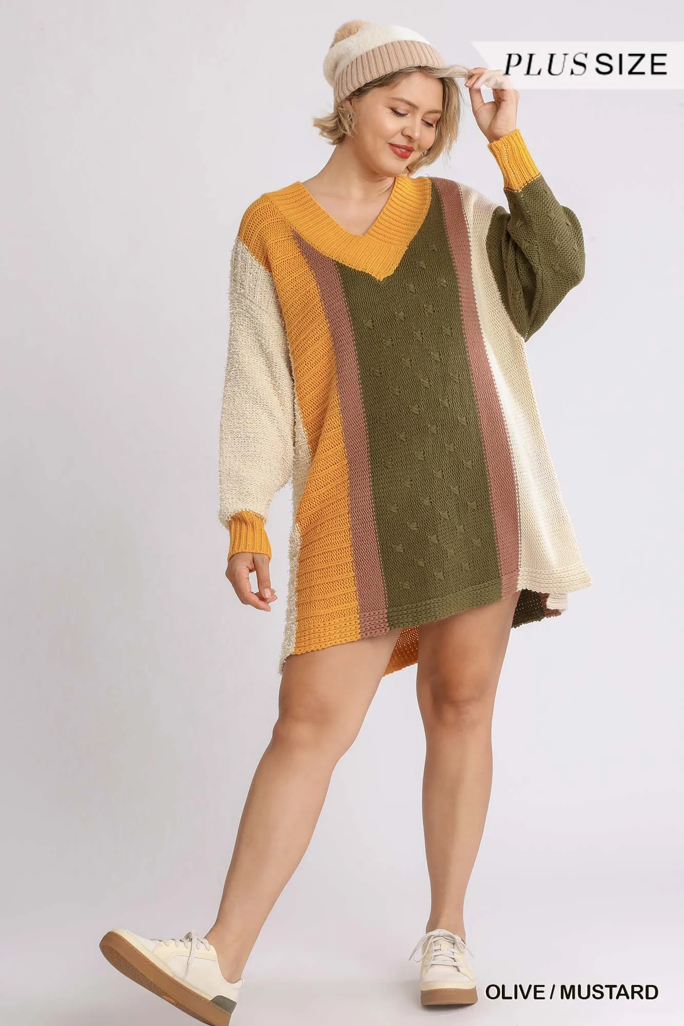 Multicolor Bouclé V-neck Pullover Sweater Dress With Side Slit