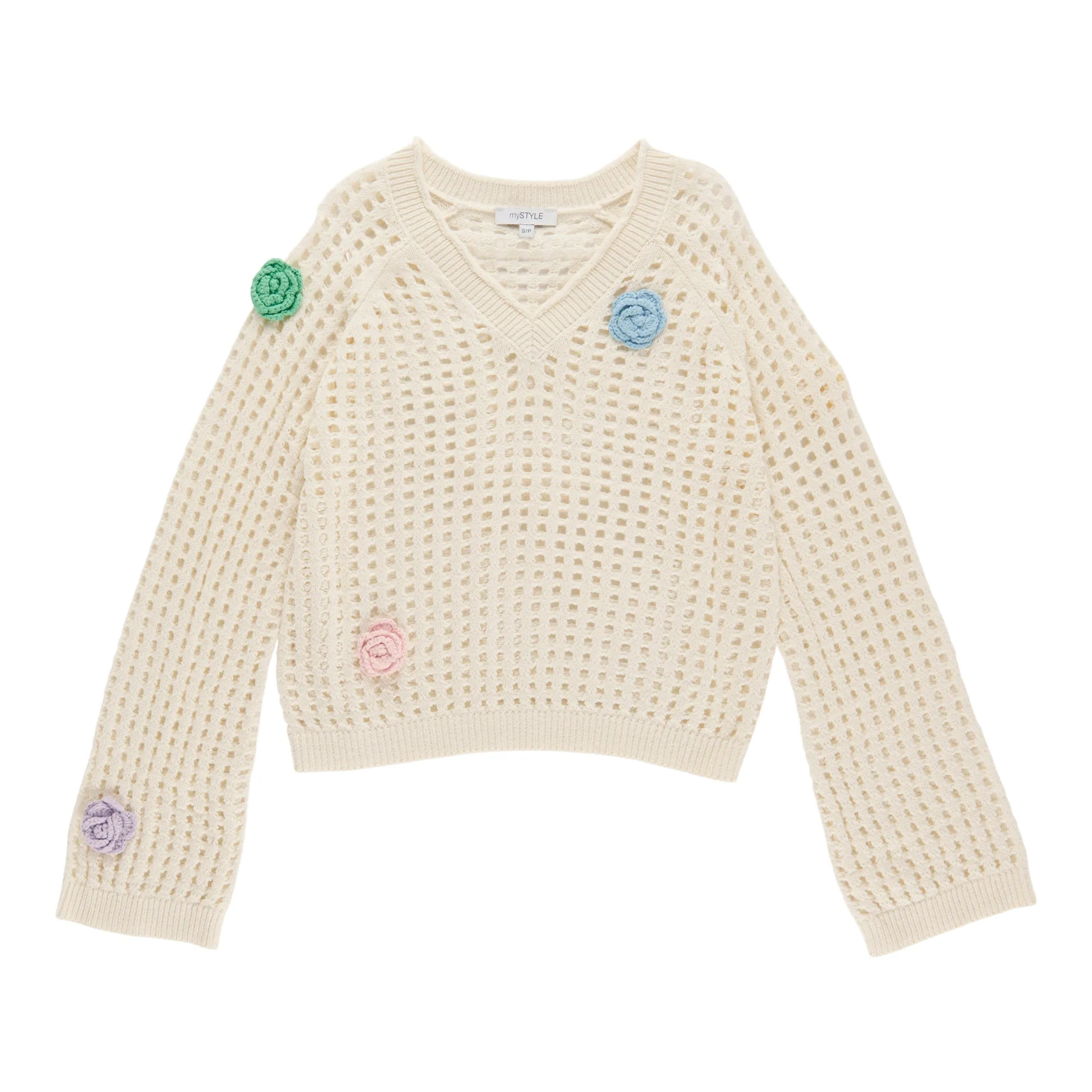 mySTYLE Women's Flower Crochet V-Neck Sweater