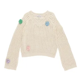 mySTYLE Women's Flower Crochet V-Neck Sweater