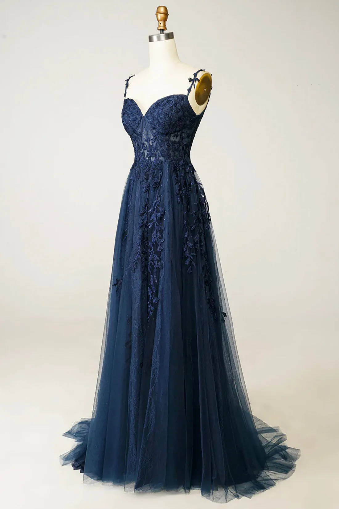 Navy Blue Tulle Lace Long Prom Dress, Beautiful Spaghetti Straps Formal Dress