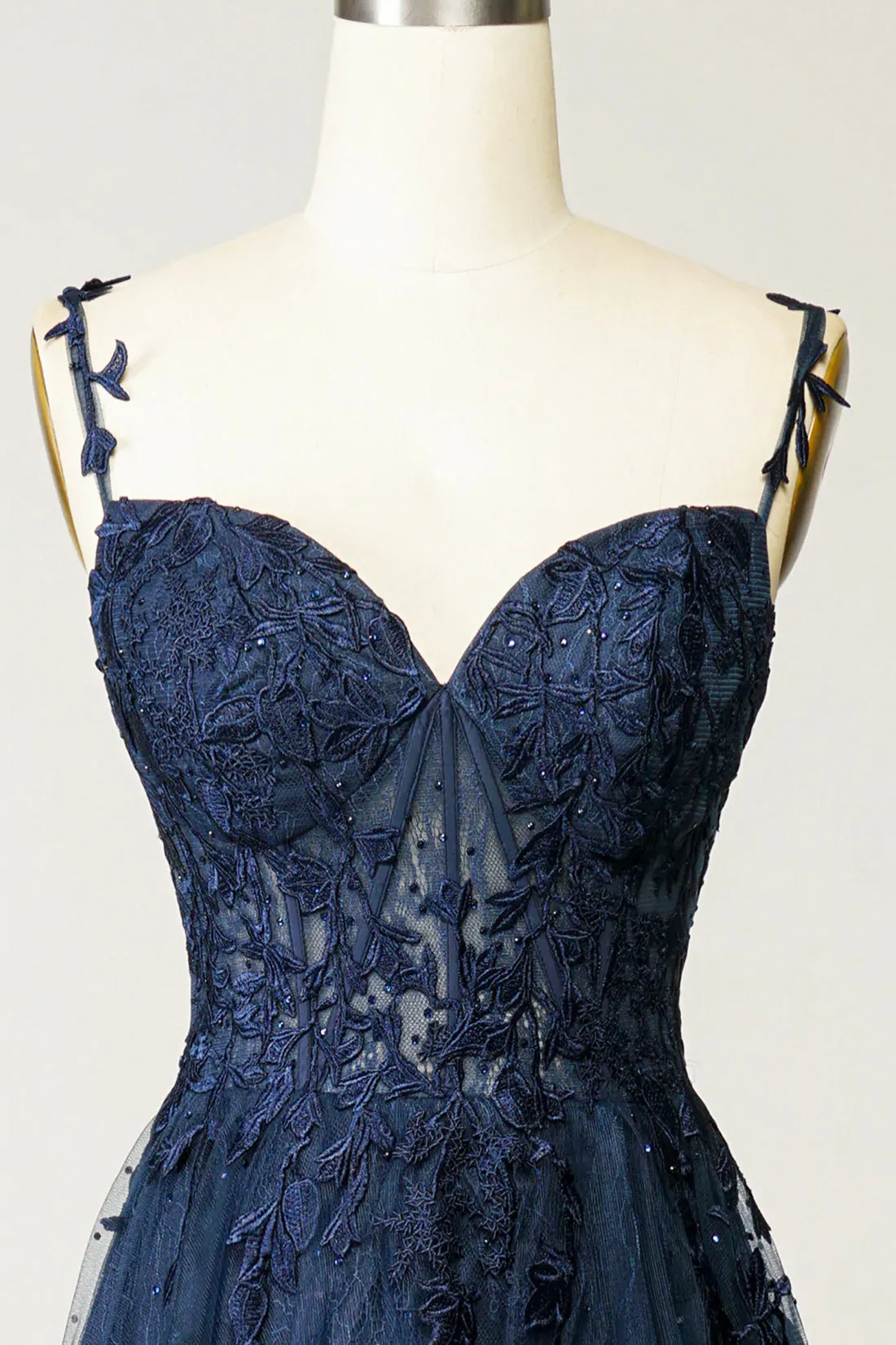 Navy Blue Tulle Lace Long Prom Dress, Beautiful Spaghetti Straps Formal Dress