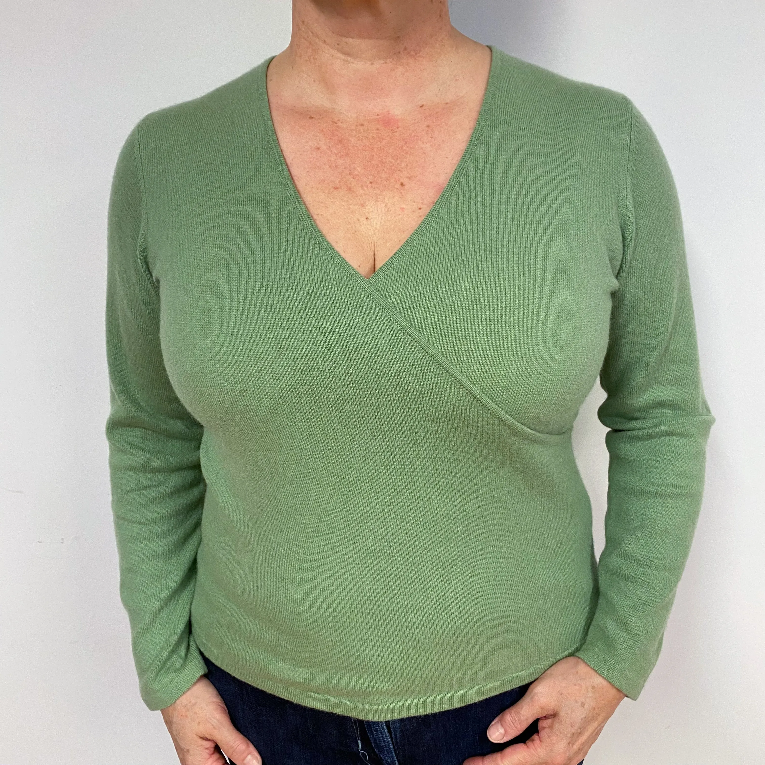Pear Green Cross Over Cashmere V-Neck Jumper Large