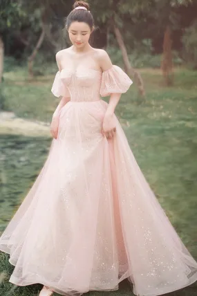 Pink Tulle Off the Shoulder Prom Dress, Cute A-Line Graduation Dress