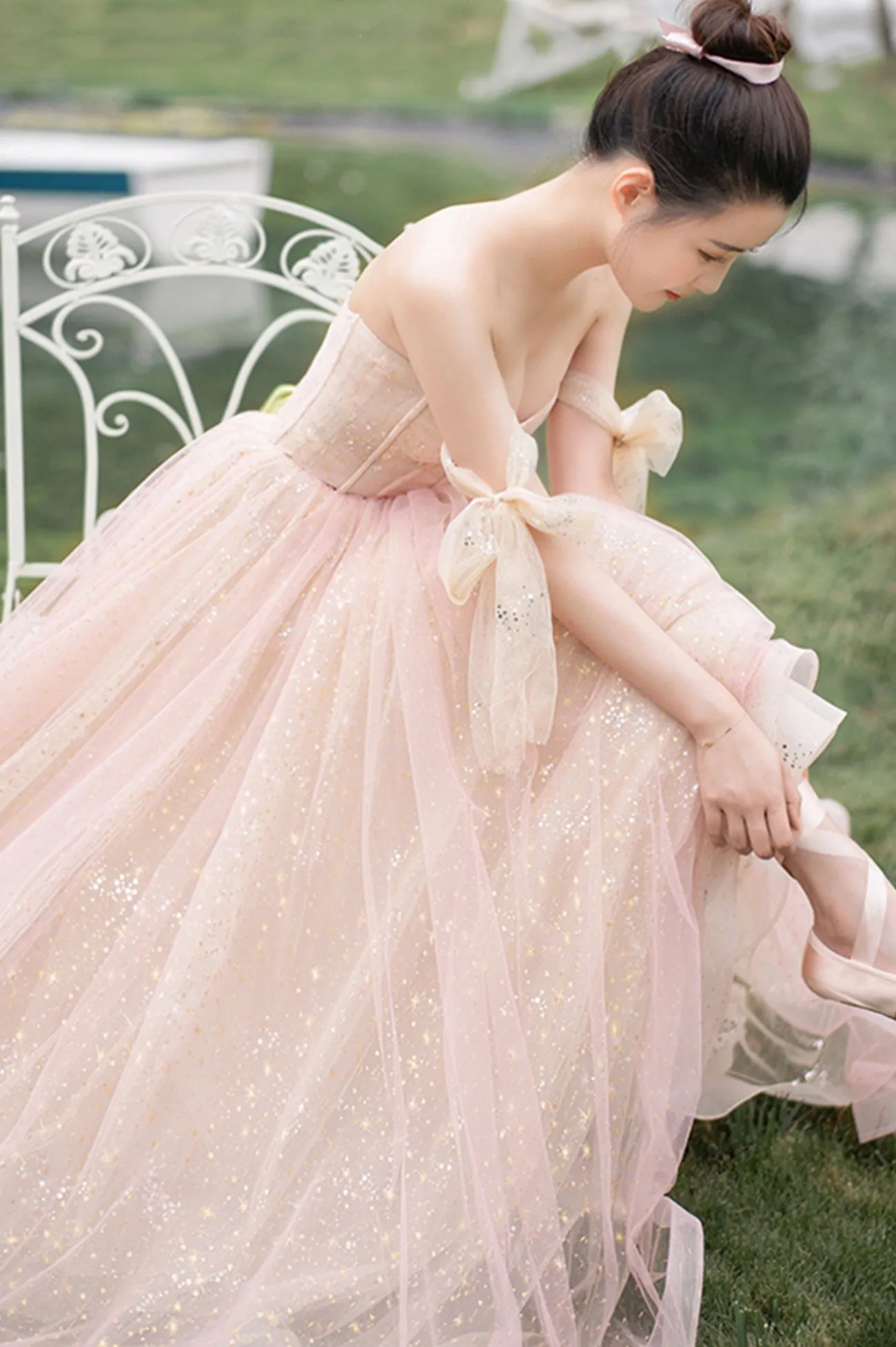 Pink Tulle Off the Shoulder Prom Dress, Cute A-Line Graduation Dress