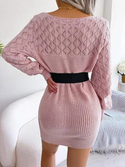 Pointelle Knit Boat Neck Sweater Dress