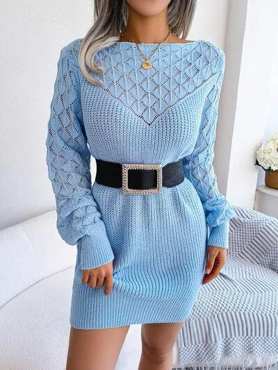Pointelle Knit Boat Neck Sweater Dress