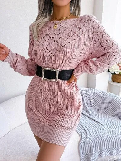 Pointelle Knit Boat Neck Sweater Dress