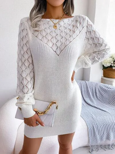 Pointelle Knit Boat Neck Sweater Dress