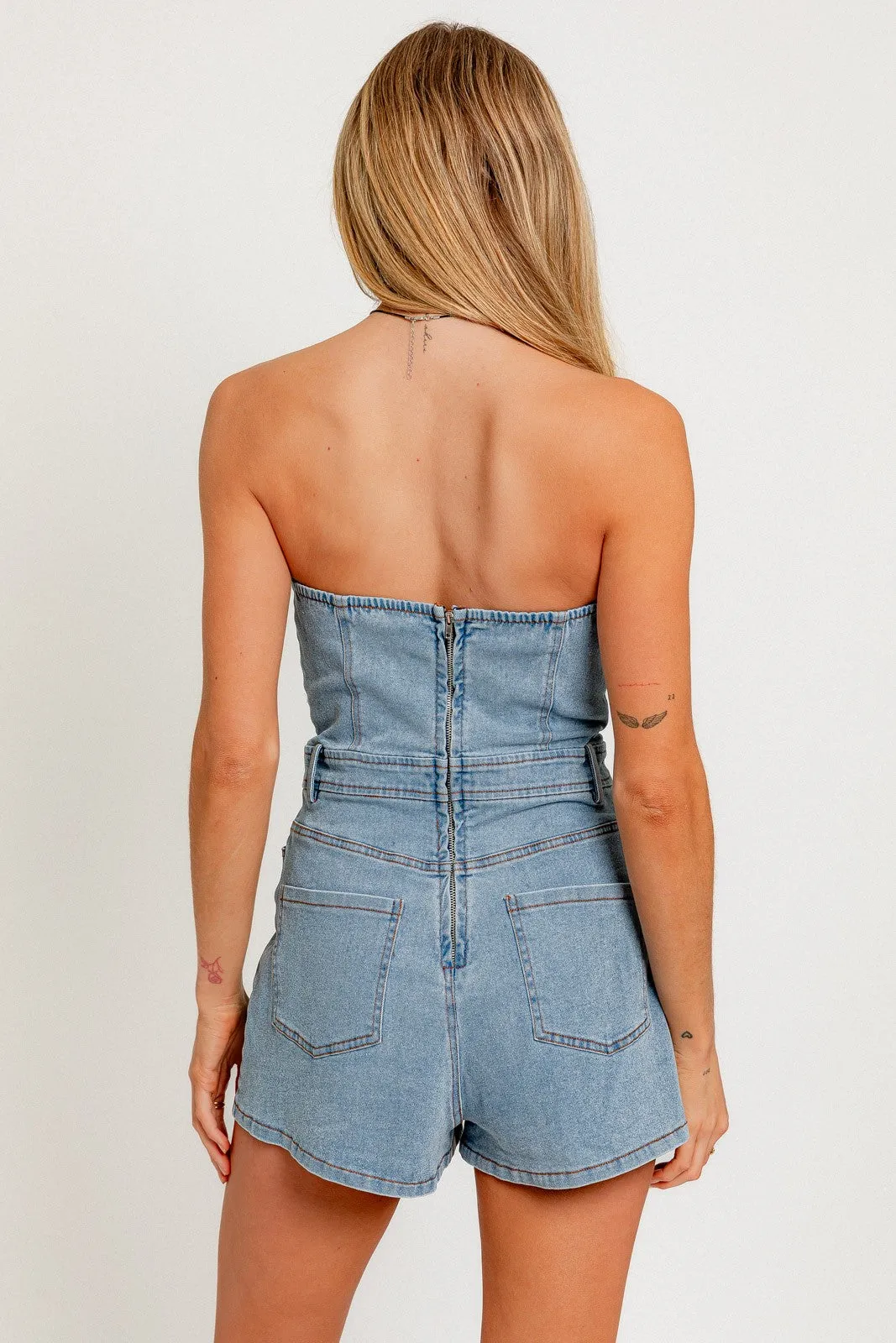"Yacht Party" Strapless Denim Romper