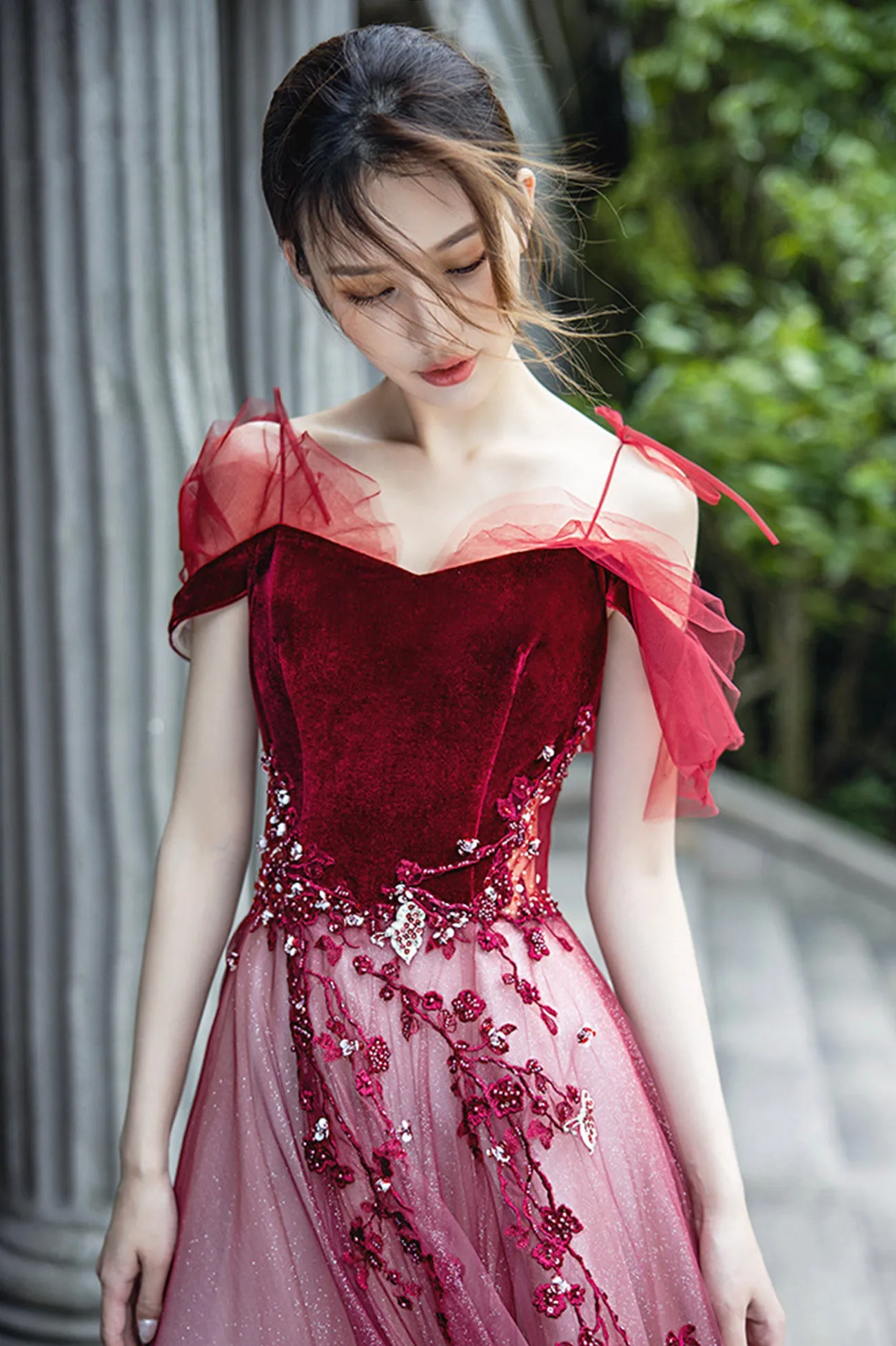 Red Velvet Tulle Long Prom Dress, Lovely A-Line Graduation Dress