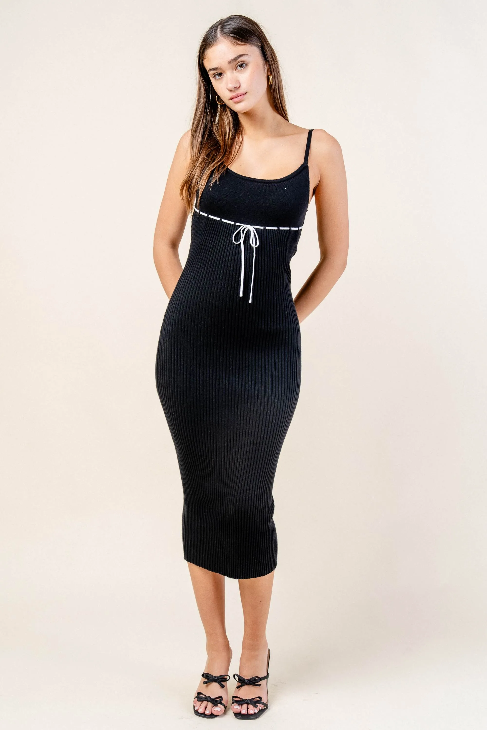 RIB SWEATER CONTRAST DRAWSTRING TRIM MIDI DRESS