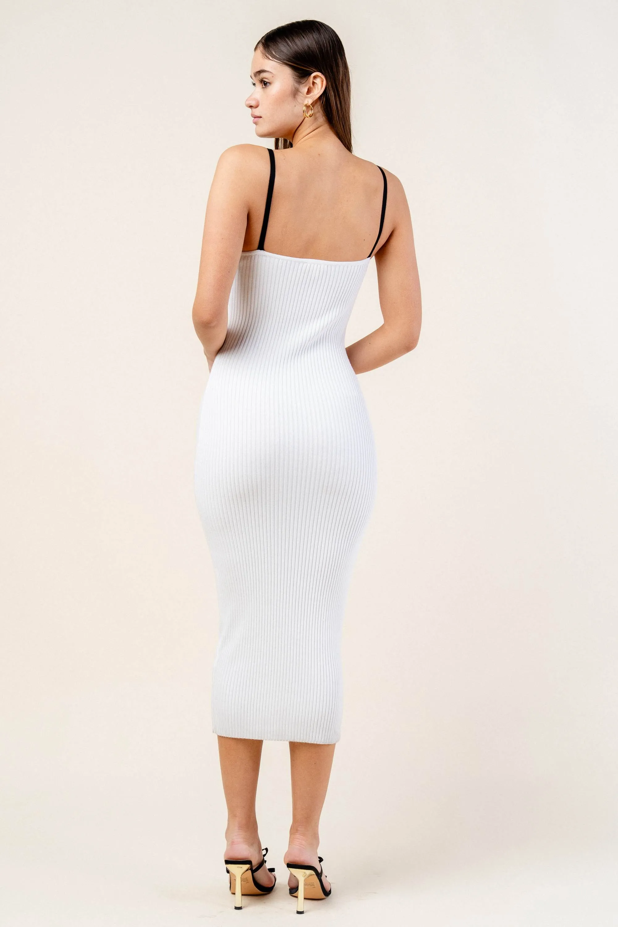 RIB SWEATER CONTRAST DRAWSTRING TRIM MIDI DRESS