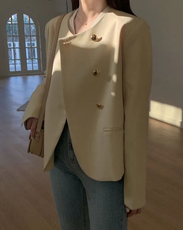 Round Neck Collarless Jacket with Side Buttons