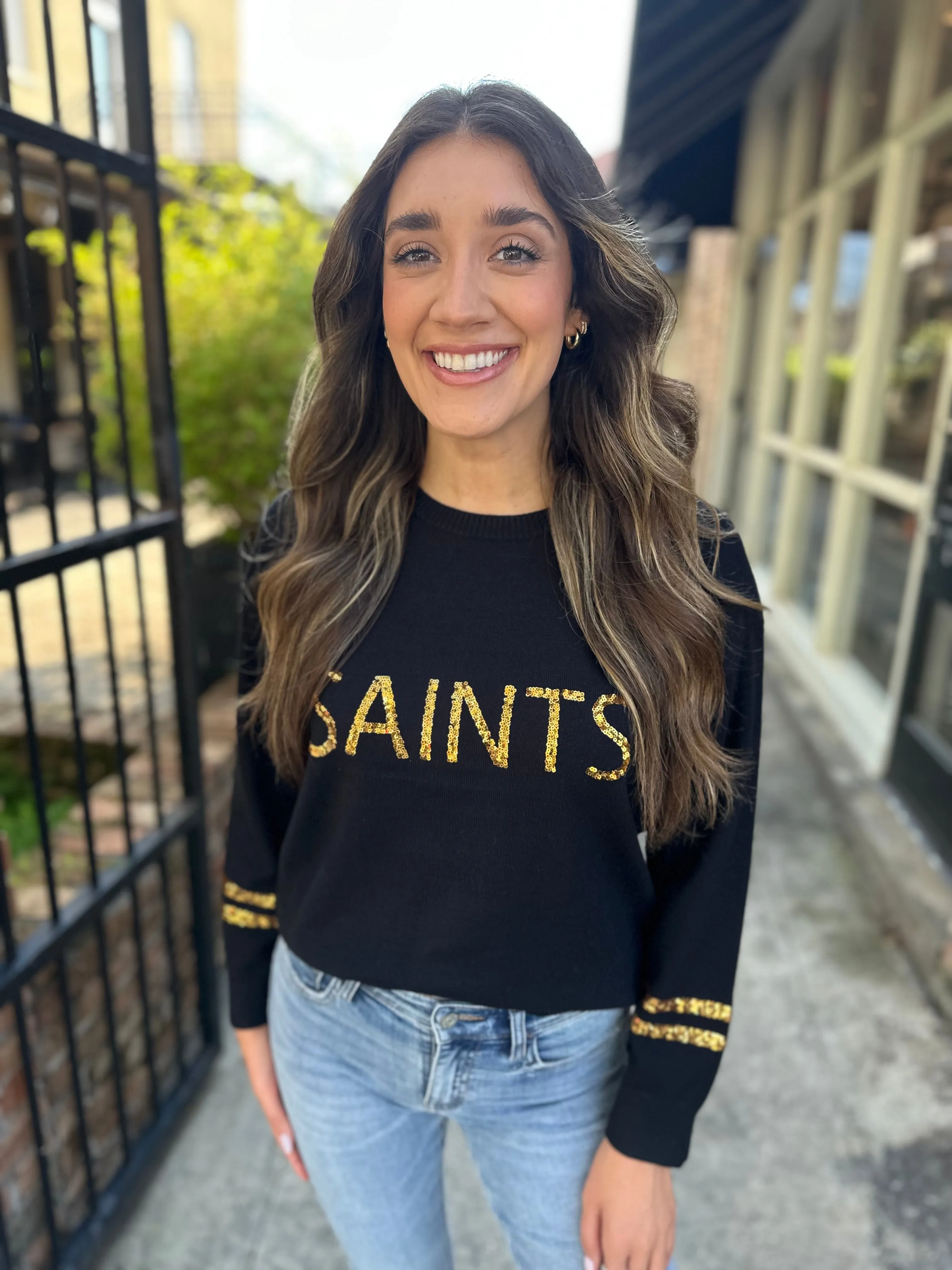 Saints Sequin Sweater Top- Black