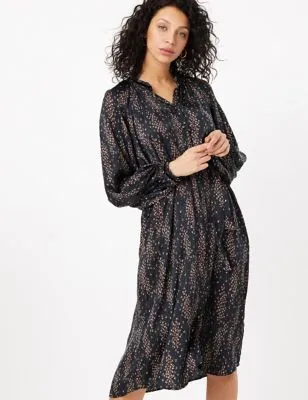 Satin Floral Print Relaxed Midi Dress