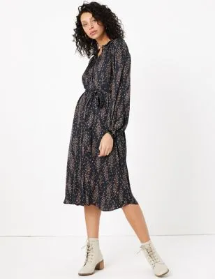 Satin Floral Print Relaxed Midi Dress