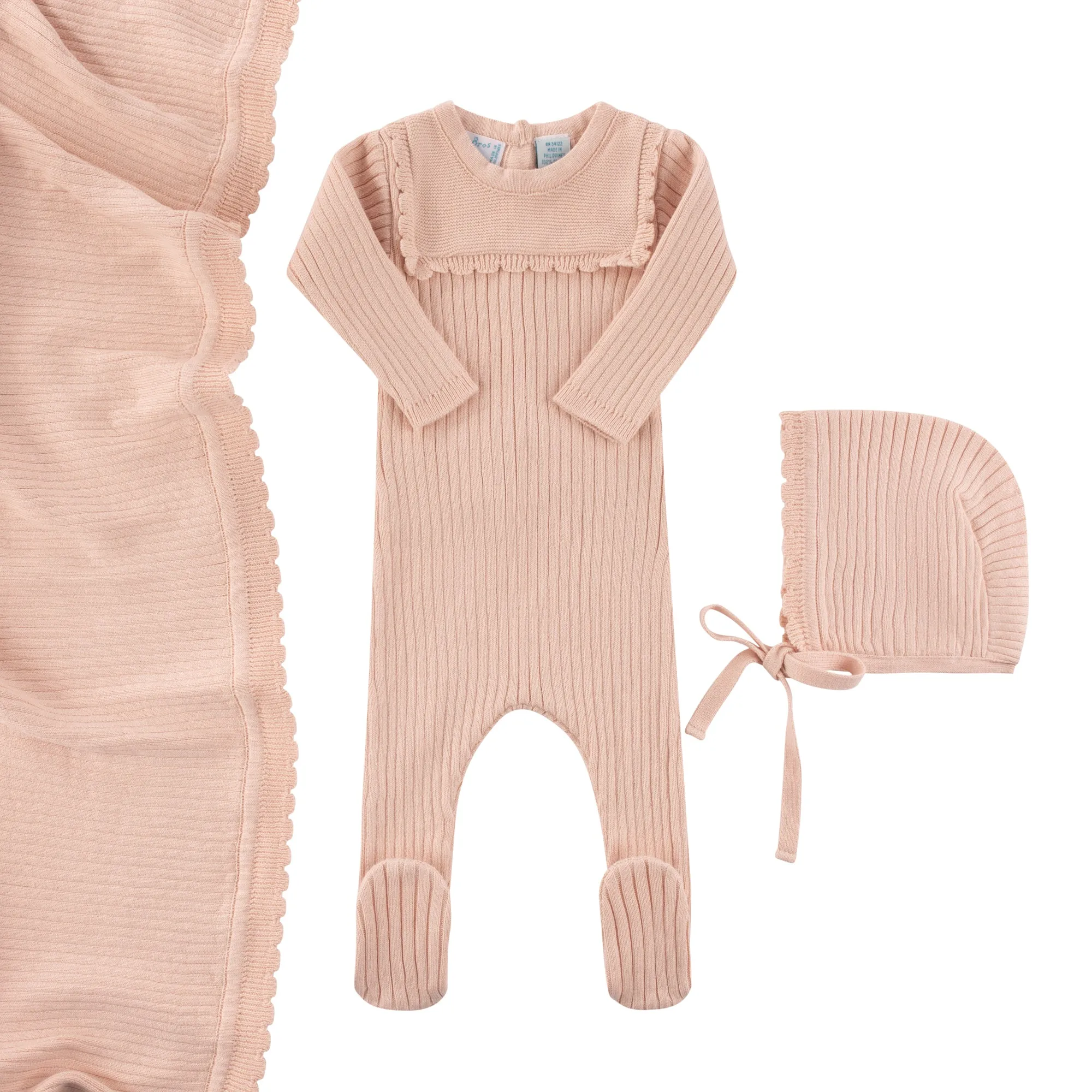 Scallop Trimmed Rib Knit Romper & Bonnet