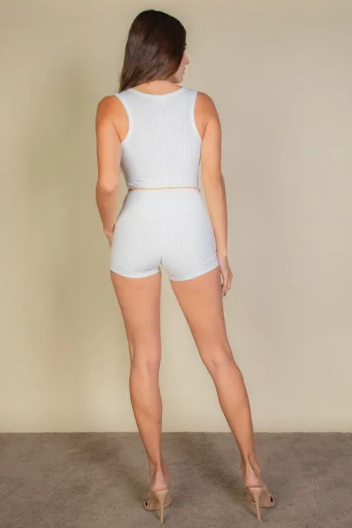 Solid Ribbed Slit Neckline Sleeveless Romper