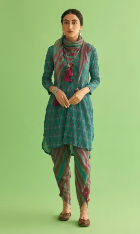 Soraya Mughal Teal Asymmetrical Kurta With Dhoti And Scarf Set Of 3