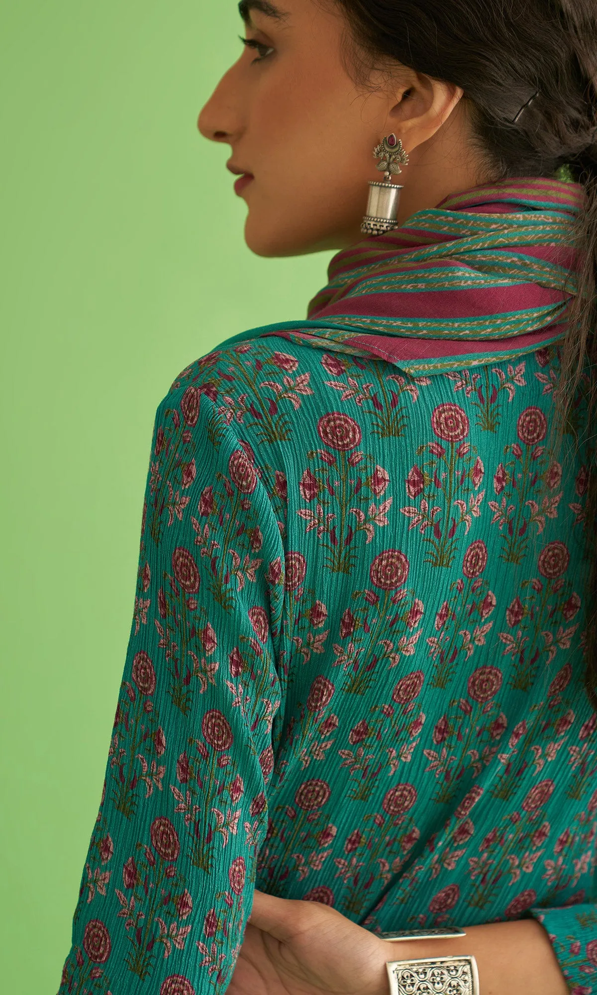 Soraya Mughal Teal Asymmetrical Kurta With Dhoti And Scarf Set Of 3