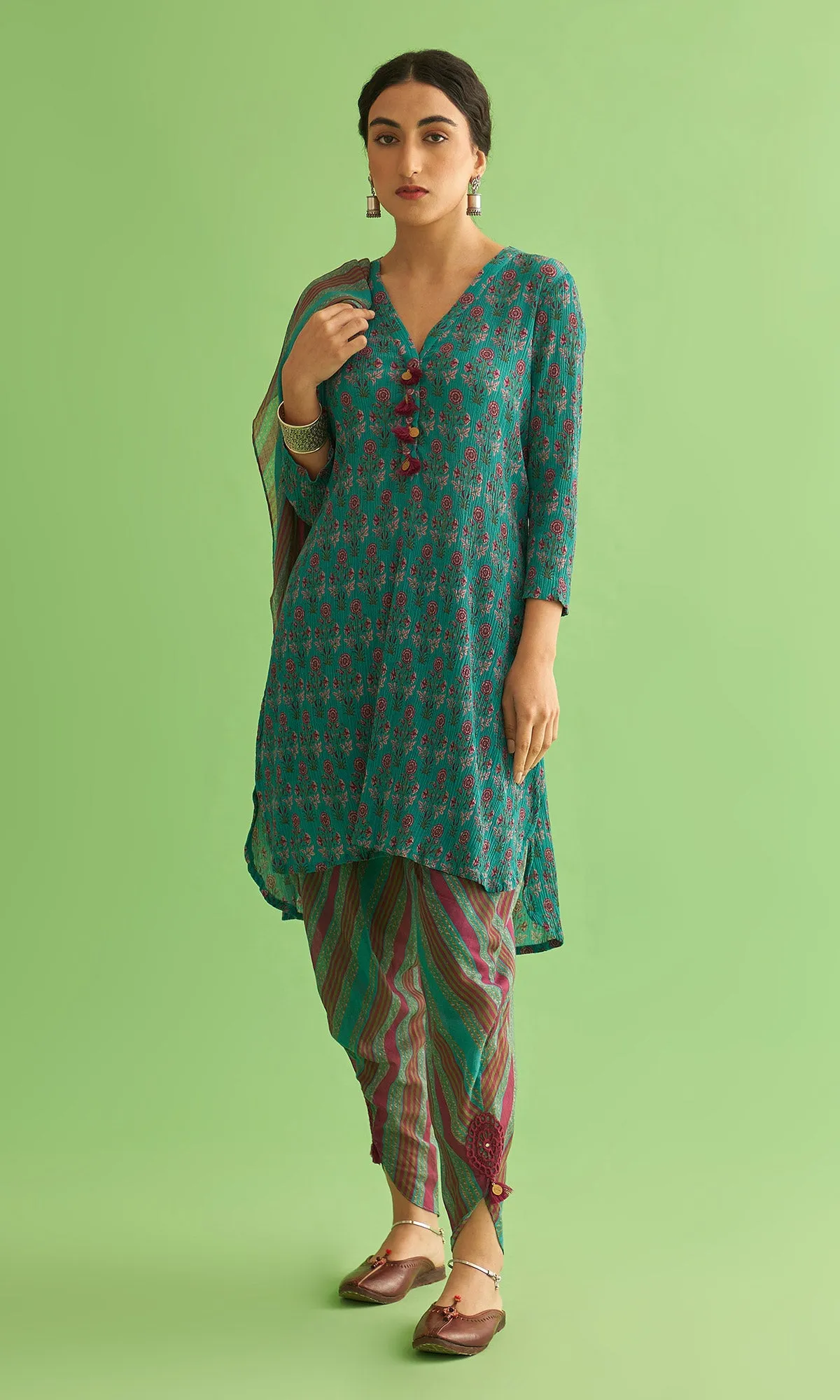 Soraya Mughal Teal Asymmetrical Kurta With Dhoti And Scarf Set Of 3