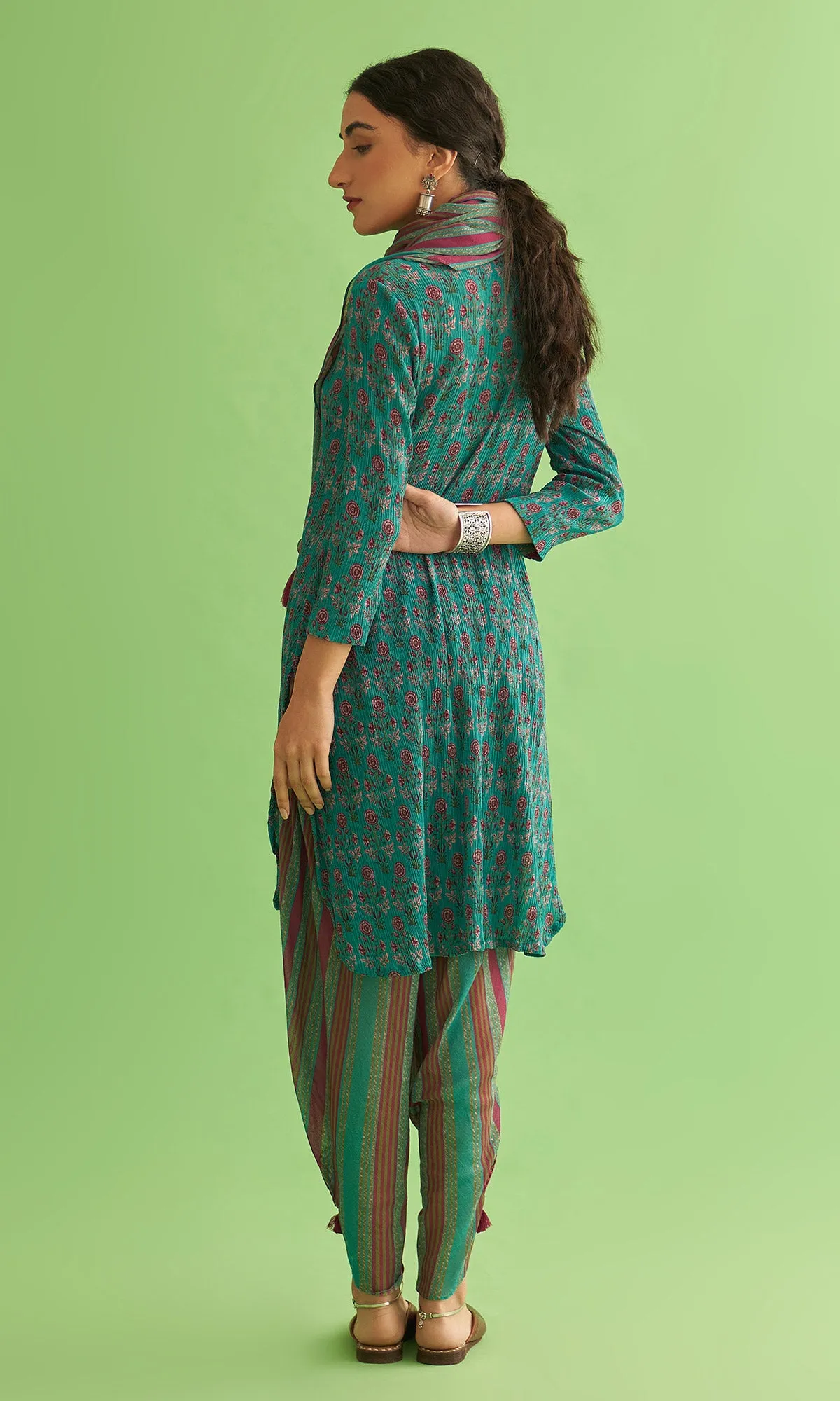 Soraya Mughal Teal Asymmetrical Kurta With Dhoti And Scarf Set Of 3