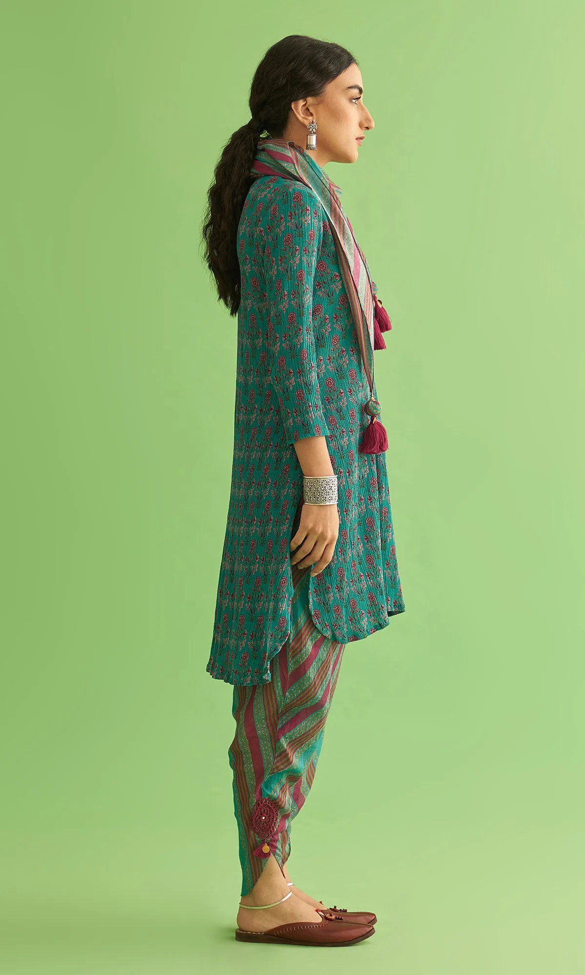 Soraya Mughal Teal Asymmetrical Kurta With Dhoti And Scarf Set Of 3