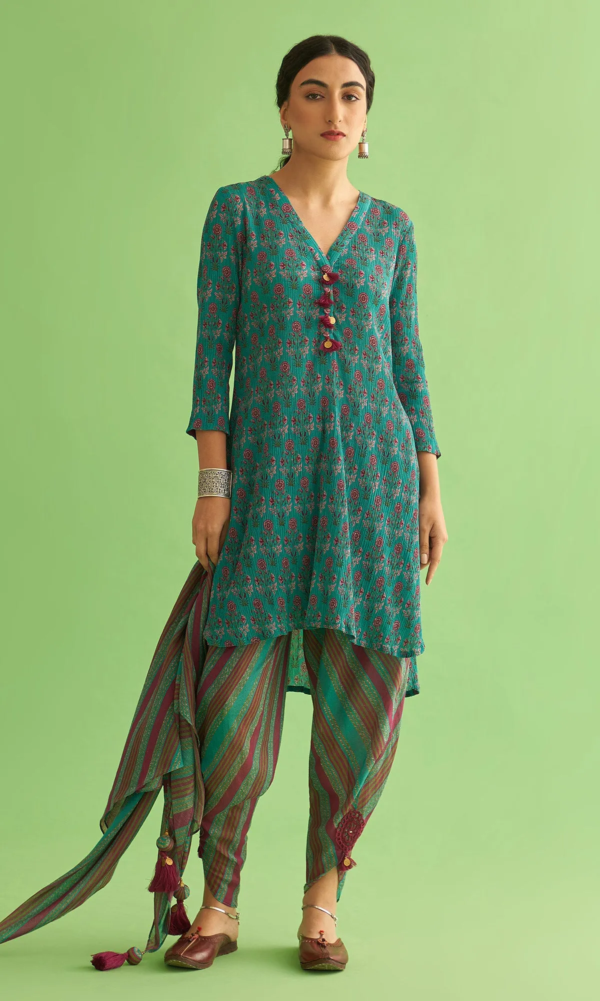 Soraya Mughal Teal Asymmetrical Kurta With Dhoti And Scarf Set Of 3
