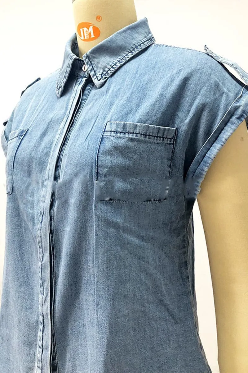 TB692 Button Front Sleeveless Denim Shirt