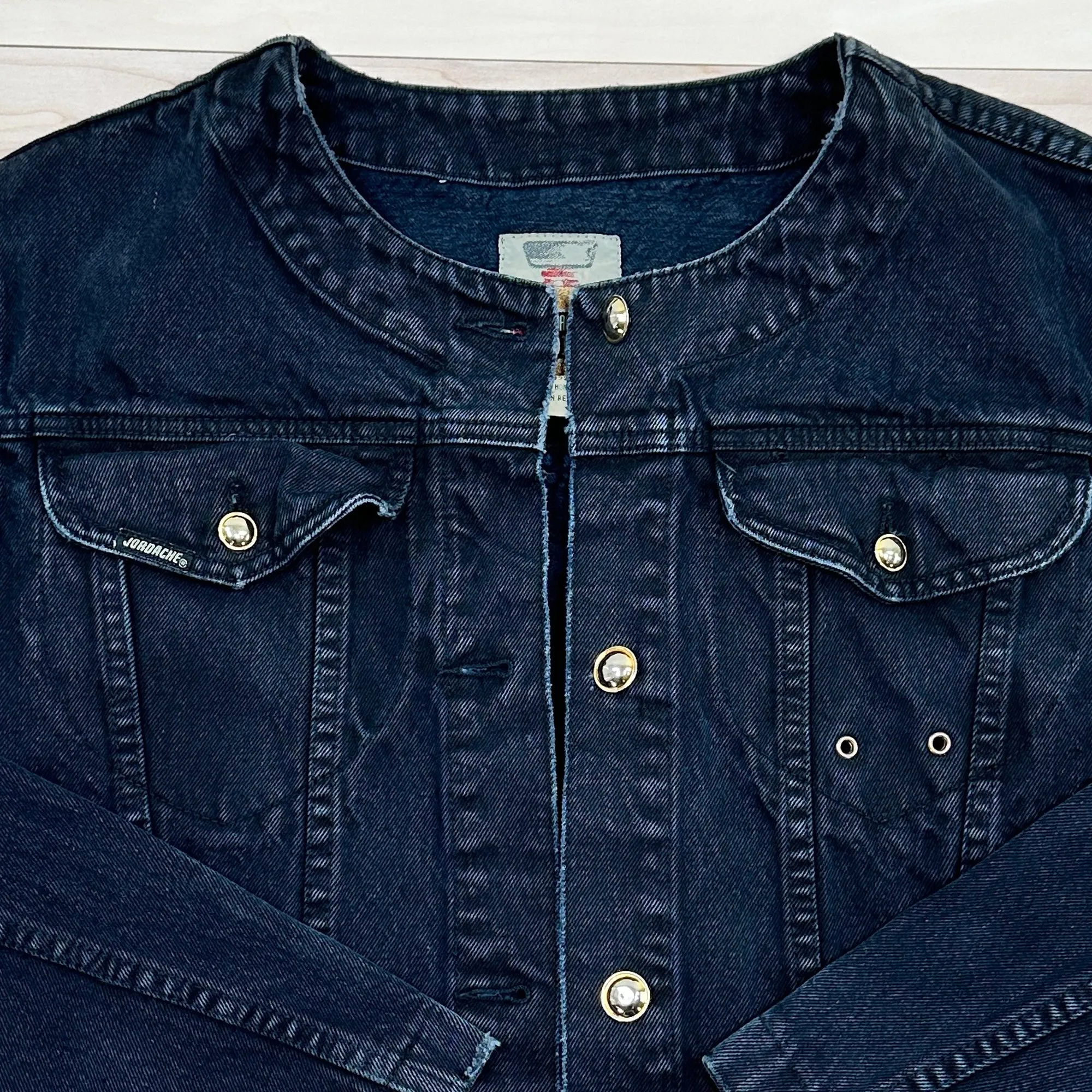 Vintage Women's Jordache Gold Collarless Cropped Denim Jacket - Fits Women's Medium