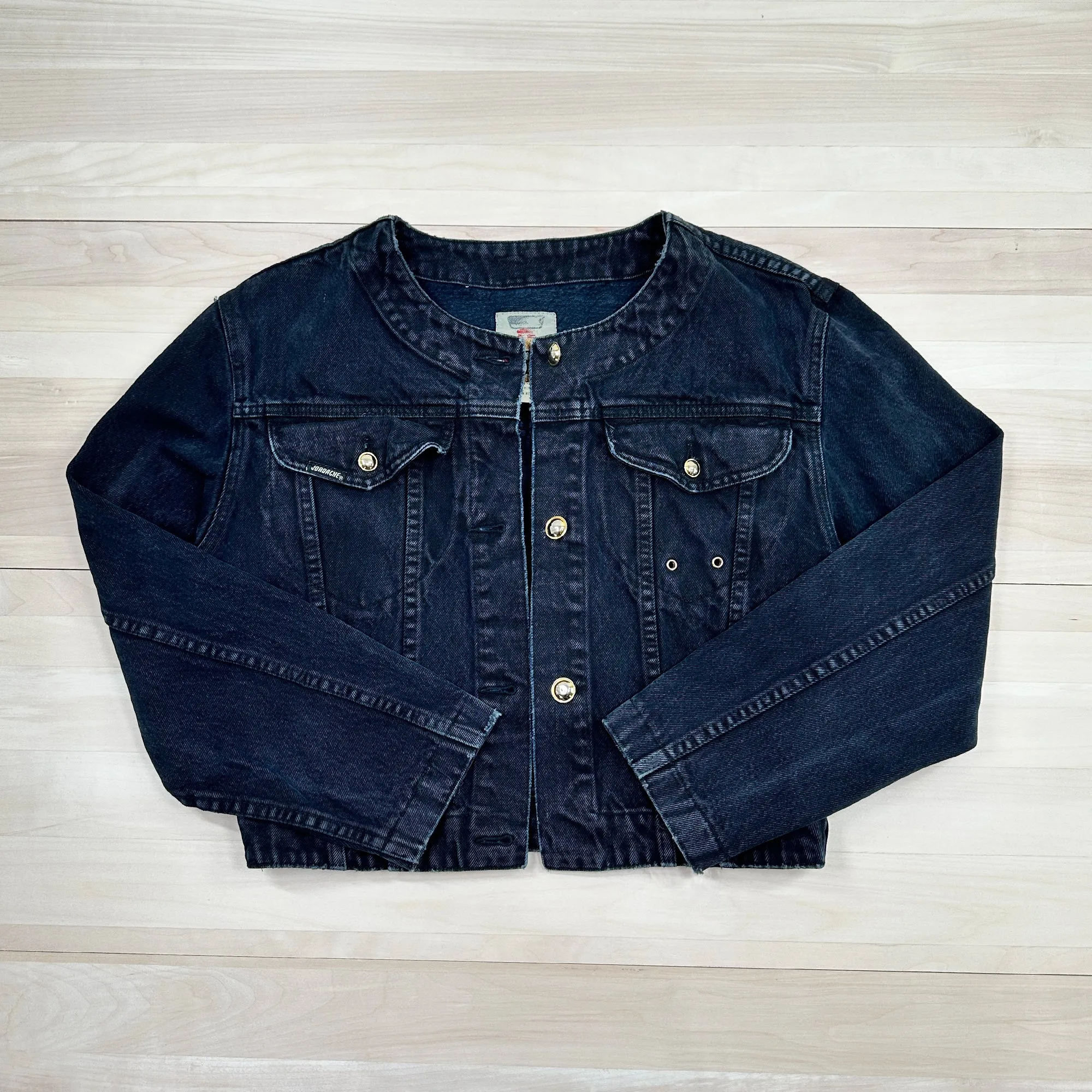 Vintage Women's Jordache Gold Collarless Cropped Denim Jacket - Fits Women's Medium