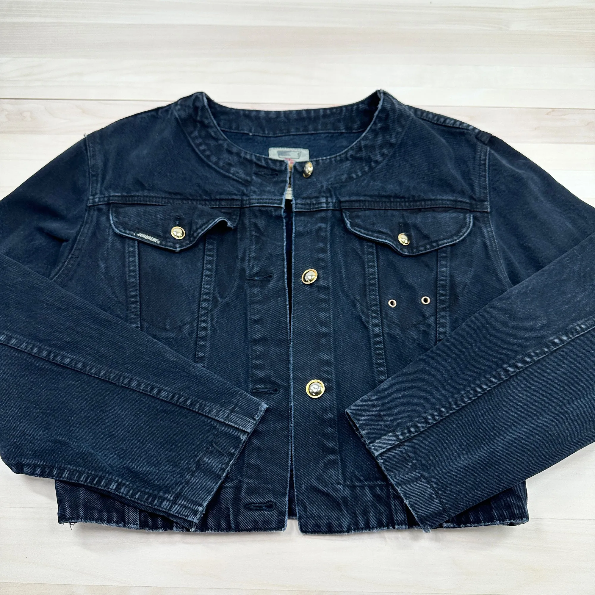 Vintage Women's Jordache Gold Collarless Cropped Denim Jacket - Fits Women's Medium