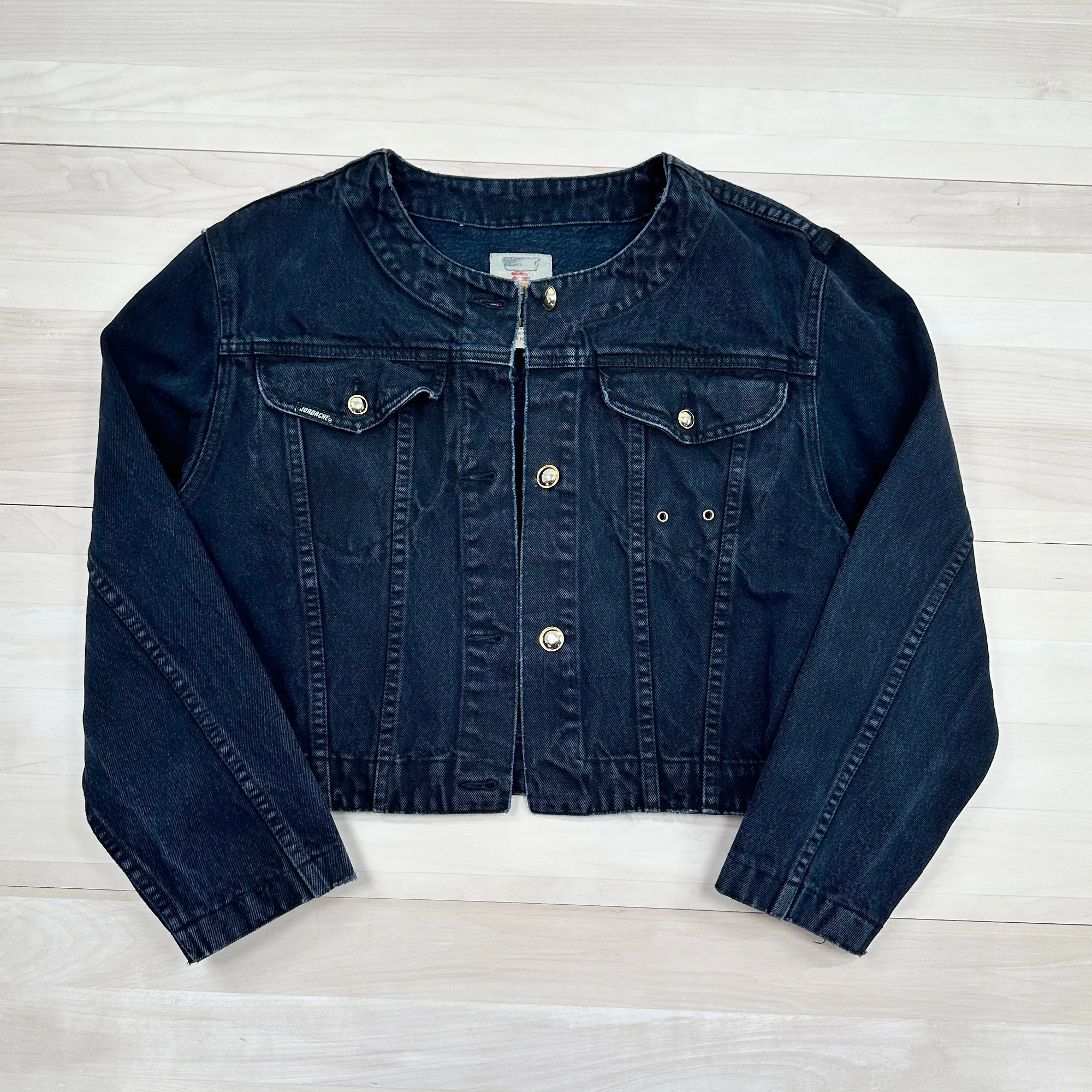 Vintage Women's Jordache Gold Collarless Cropped Denim Jacket - Fits Women's Medium