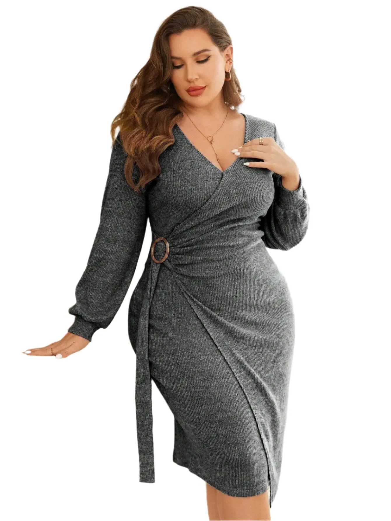 Winter Gray Plus Size Knitted Bodycon Sweater Dress for Women - Elegant V-Neck Long Sleeve Knee-Length with Sashes