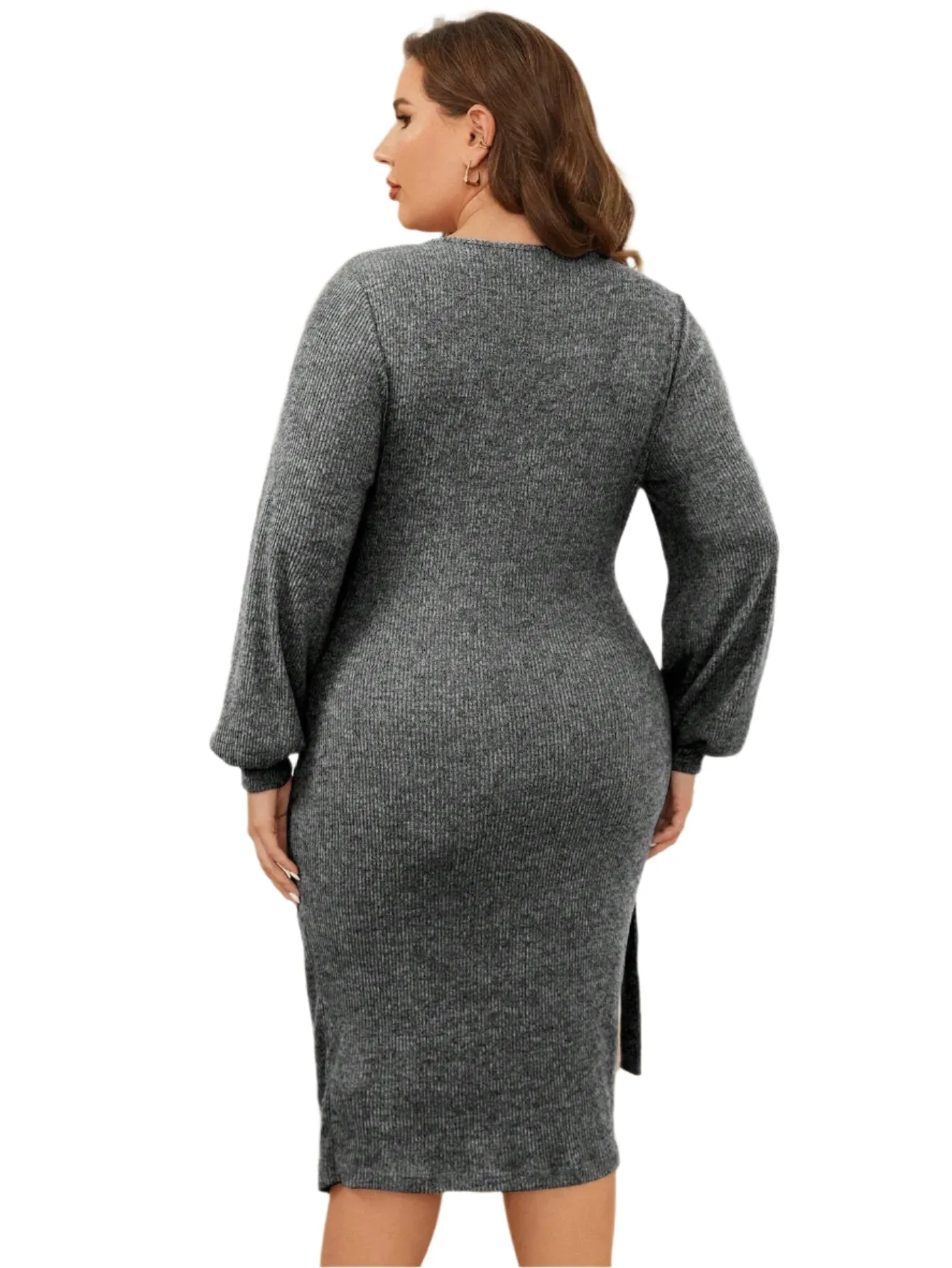 Winter Gray Plus Size Knitted Bodycon Sweater Dress for Women - Elegant V-Neck Long Sleeve Knee-Length with Sashes
