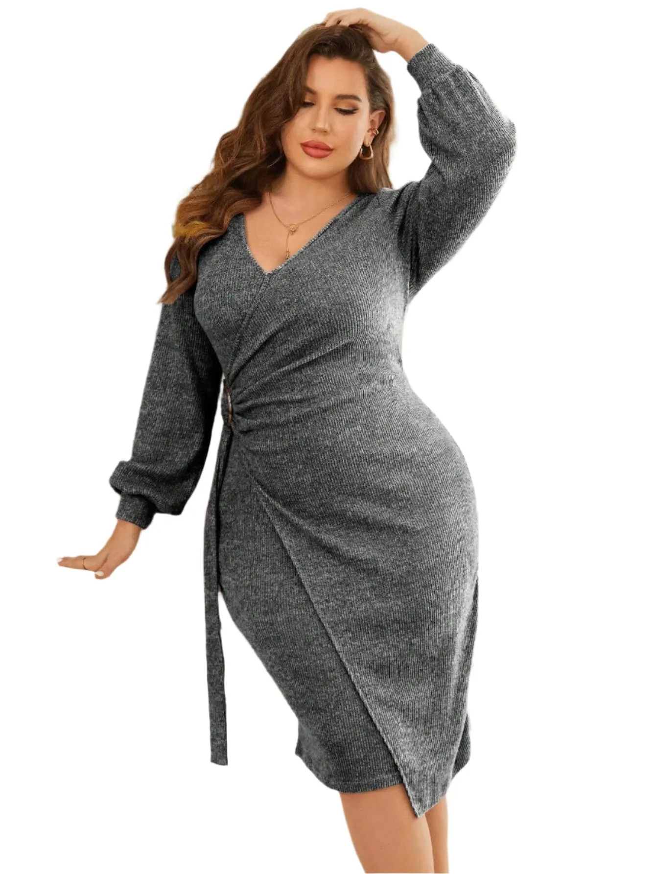 Winter Gray Plus Size Knitted Bodycon Sweater Dress for Women - Elegant V-Neck Long Sleeve Knee-Length with Sashes