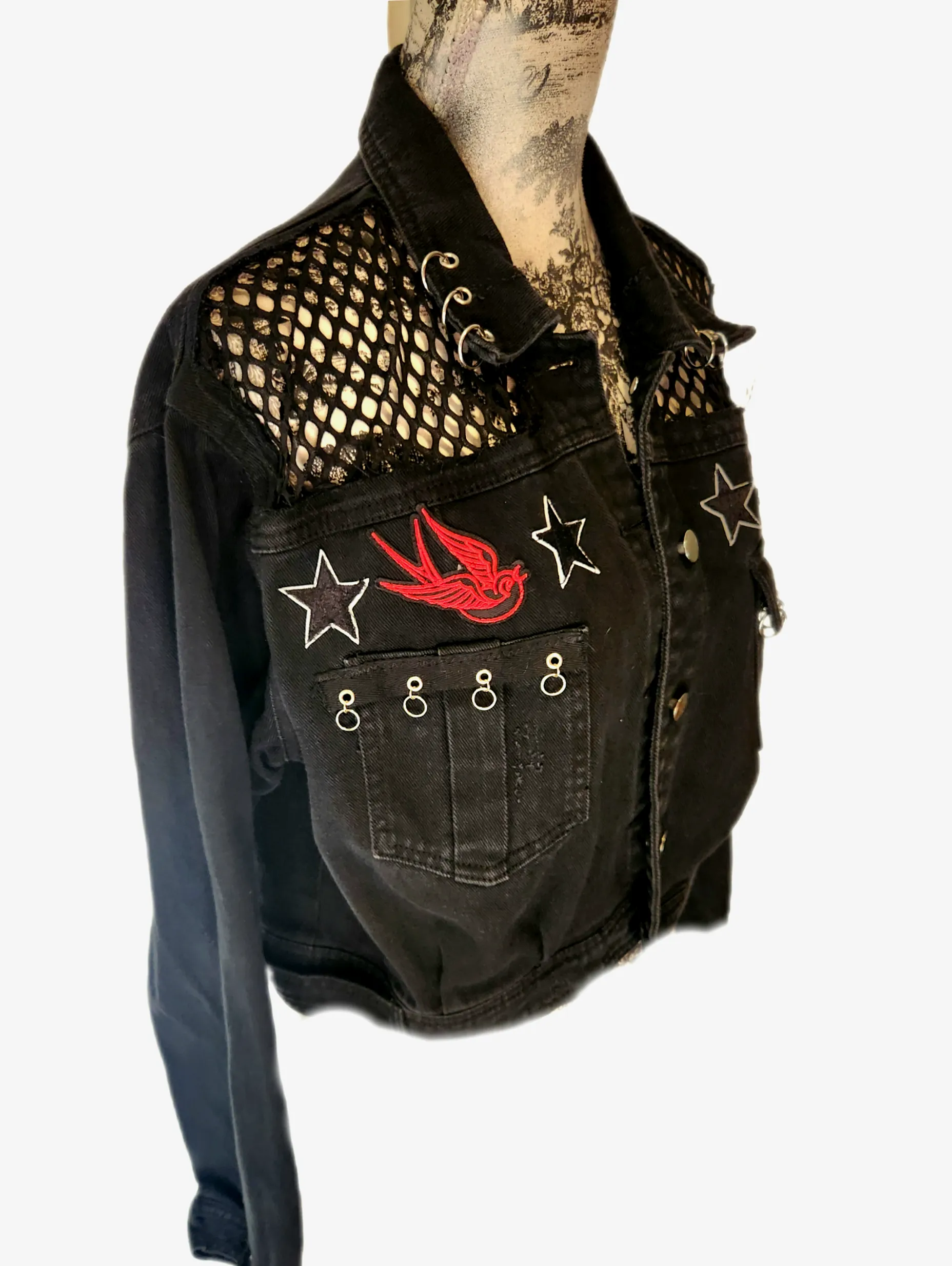 Womens cropped black Metal Rock jacket- size L- XL fit
