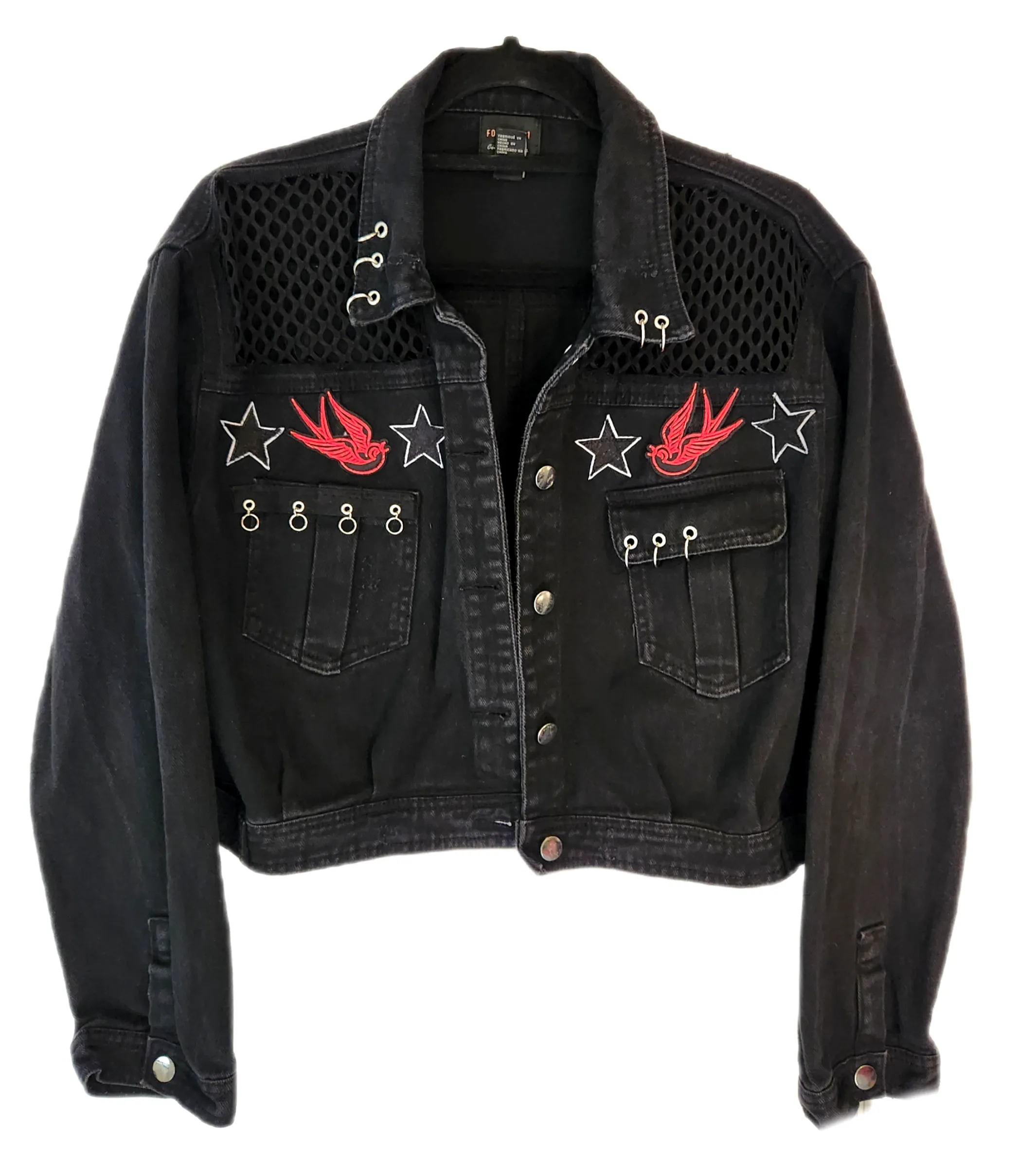 Womens cropped black Metal Rock jacket- size L- XL fit