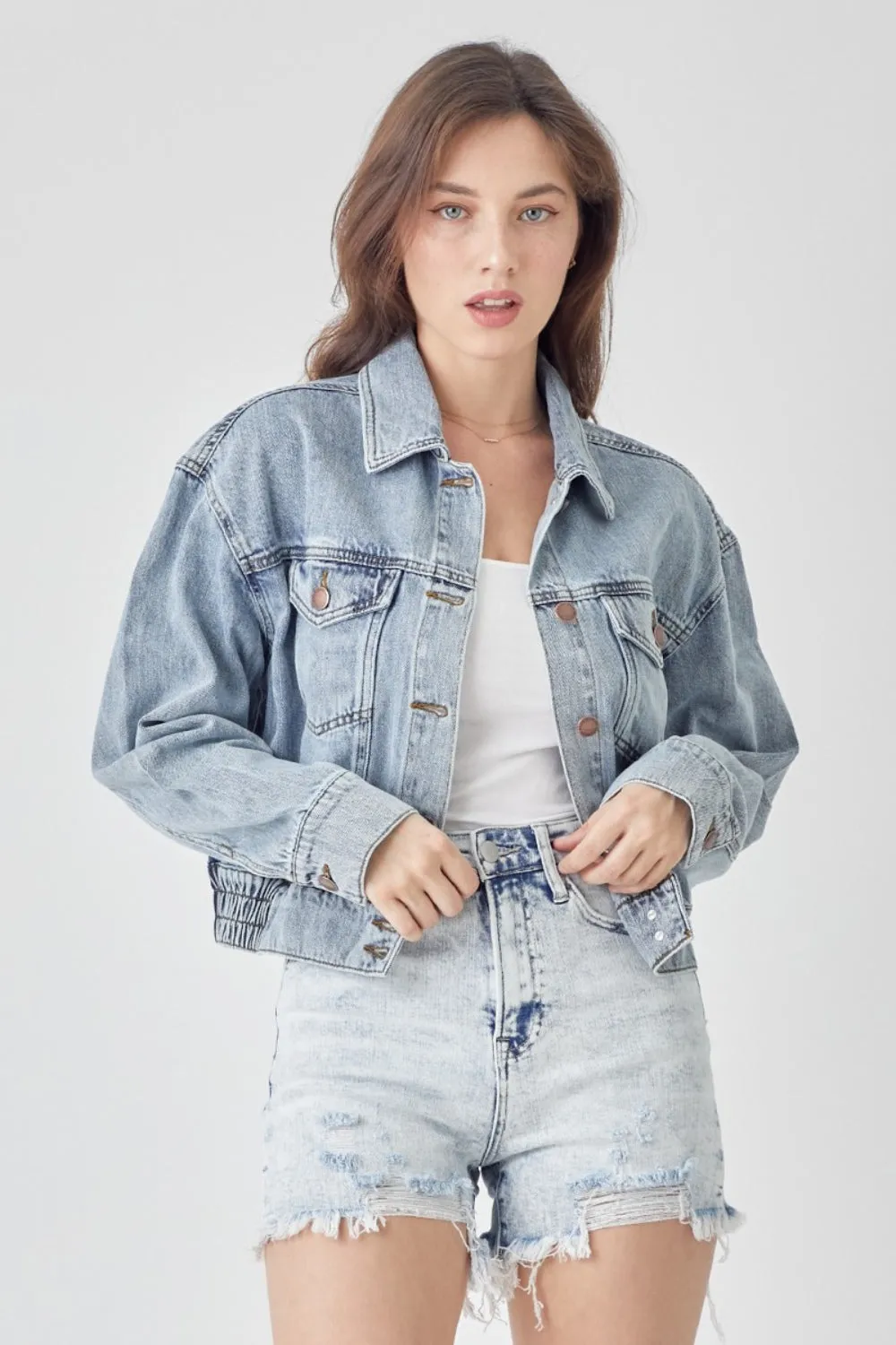 Womens RISEN Full Size Button Down Cropped Denim Jacket (S-3XL)