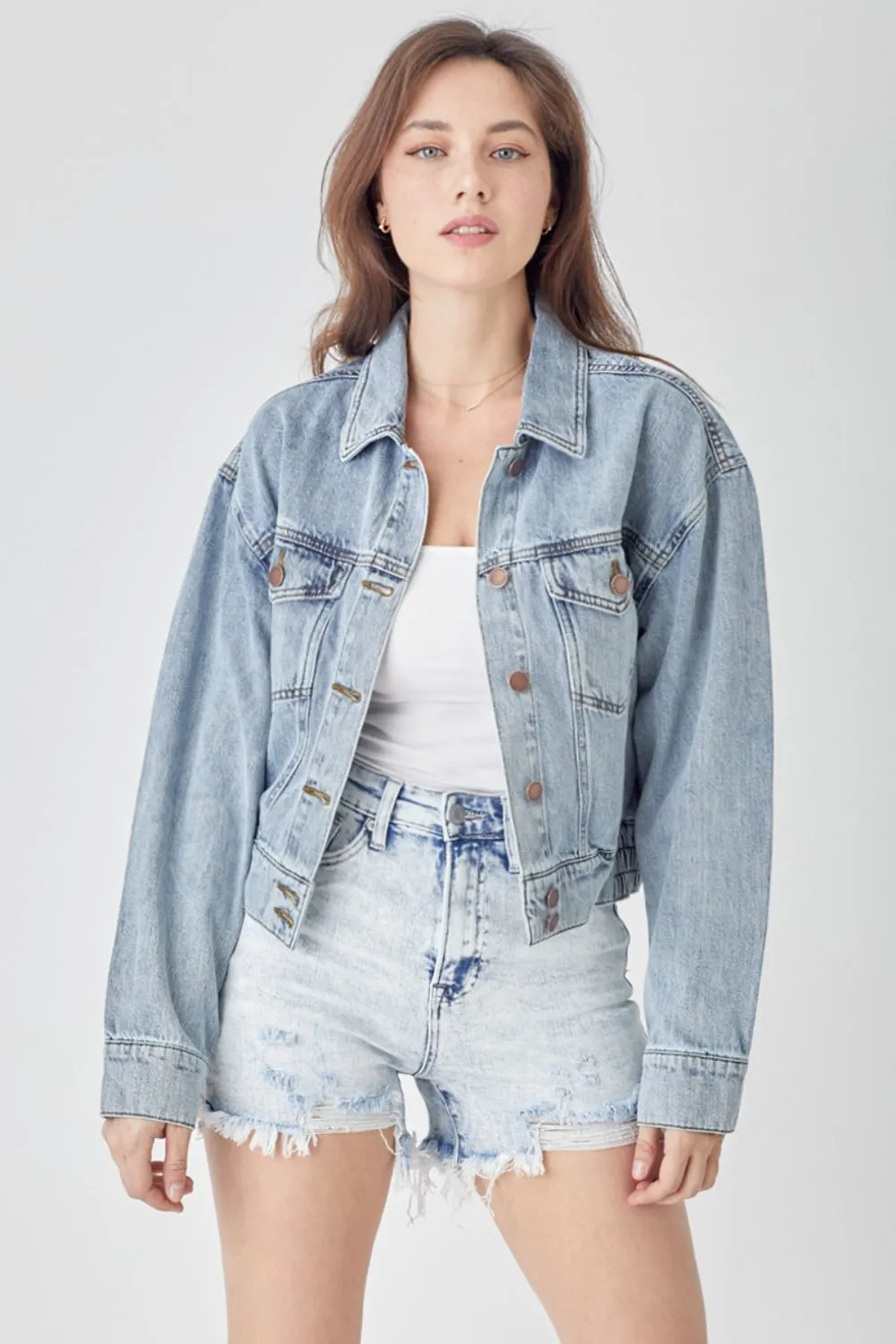 Womens RISEN Full Size Button Down Cropped Denim Jacket (S-3XL)