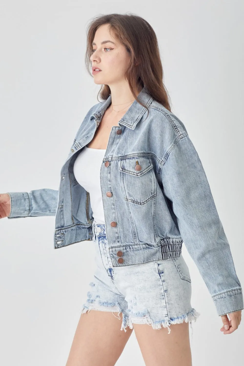 Womens RISEN Full Size Button Down Cropped Denim Jacket (S-3XL)