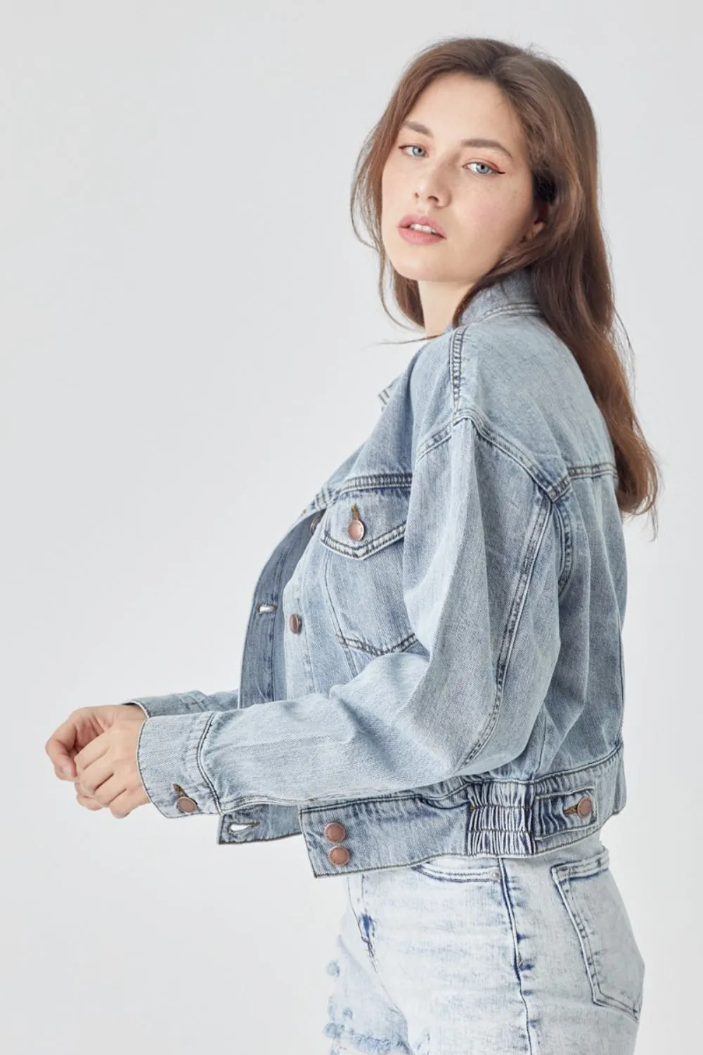 Womens RISEN Full Size Button Down Cropped Denim Jacket (S-3XL)