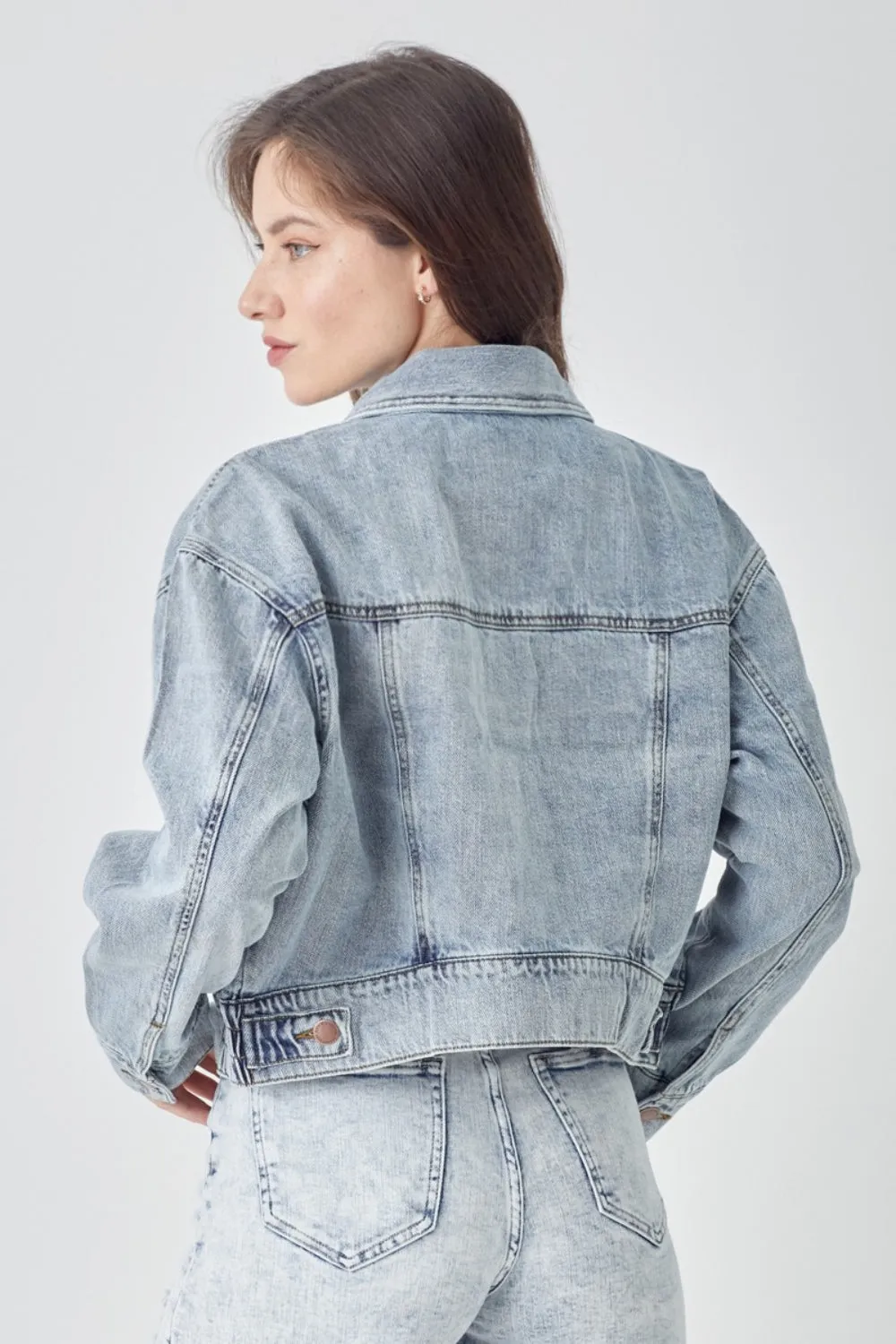 Womens RISEN Full Size Button Down Cropped Denim Jacket (S-3XL)