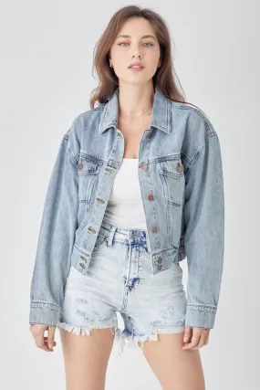 Womens RISEN Full Size Button Down Cropped Denim Jacket (S-3XL)