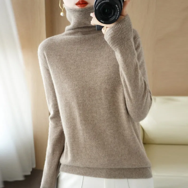 Wool Blend Pile Collar Cashmere Sweater for Women Wool Blend  Knitted Tops Pullover
