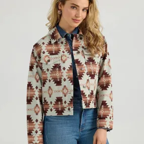 Wrangler Women's Southwestern Printed Crop Boyfriend Denim Jacket in Geo Brown