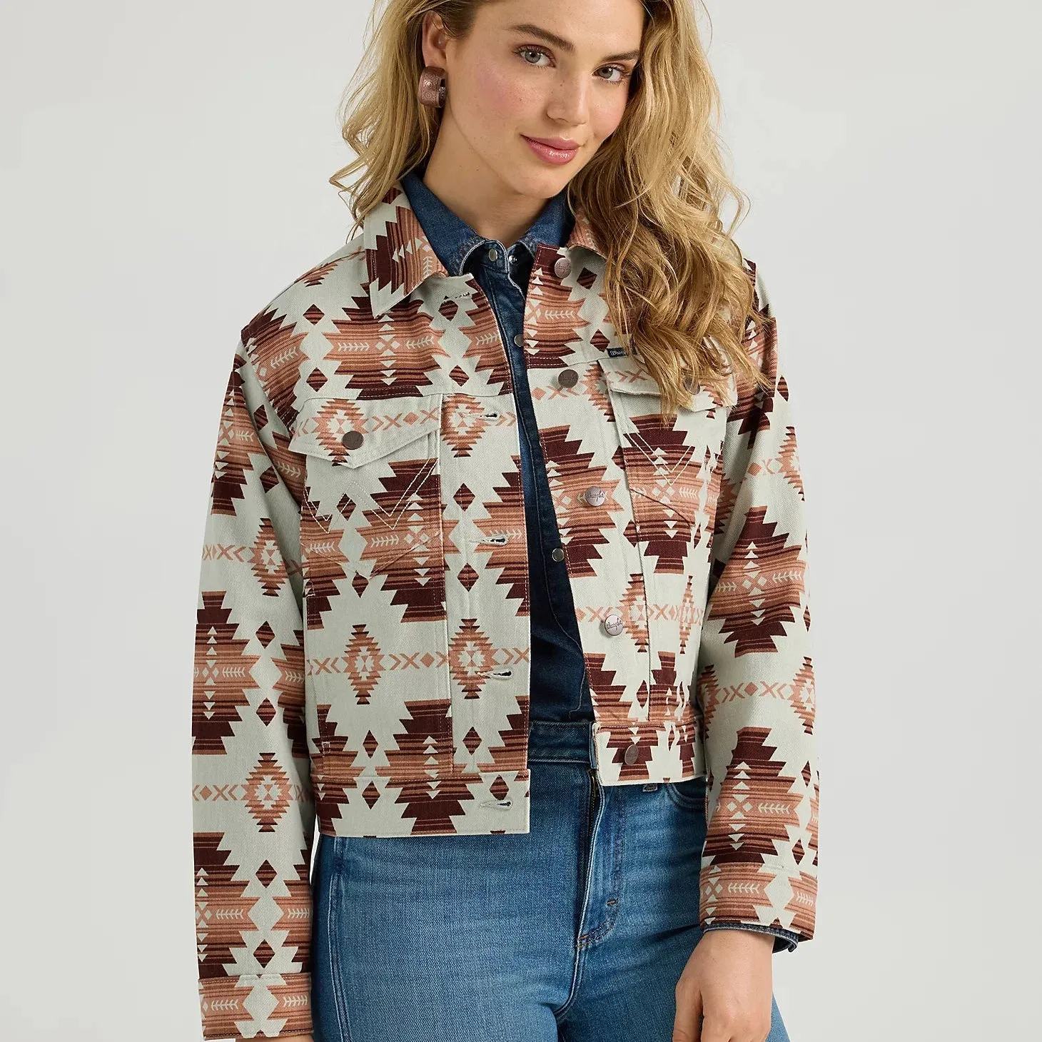 Wrangler Women's Southwestern Printed Crop Boyfriend Denim Jacket in Geo Brown